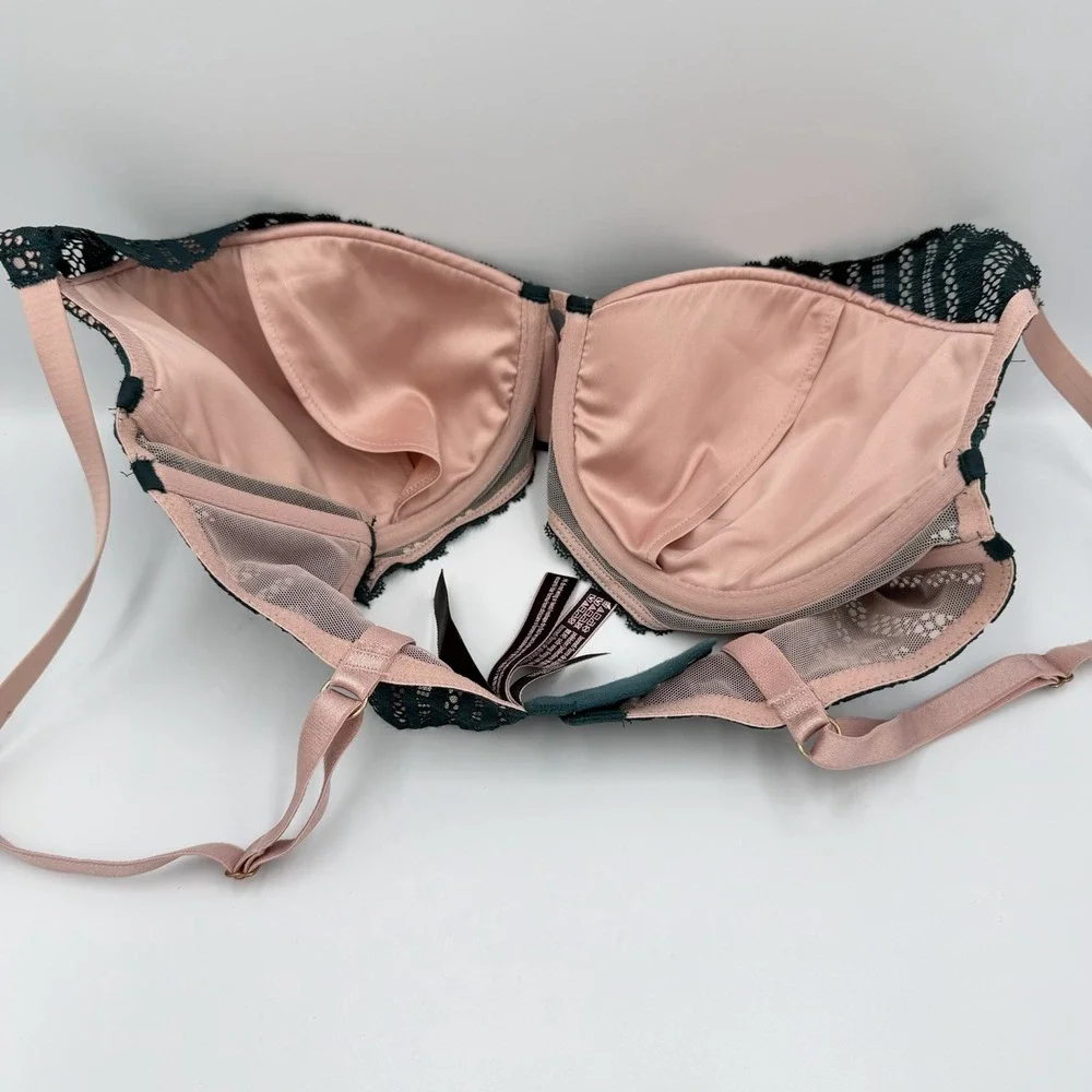 Victoria's Secret 34DD Lined Plunge Lace Bra Green Pink Cutout‎